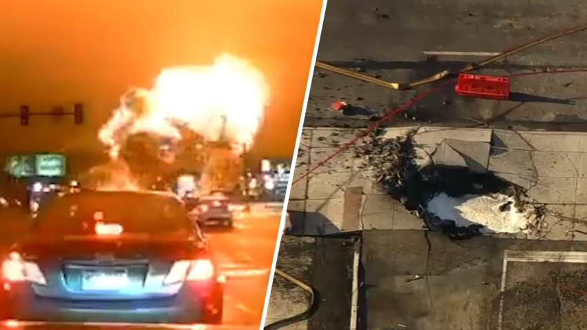 This split image shows the moment of impact when a small jet crashed in Northeast Philadelphia and the crater it left on the ground near the Roosevelt Mall.