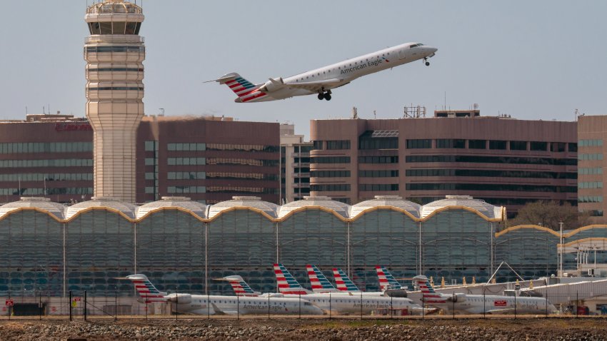 A regional jet takes off at National Airport March 23, 2025.