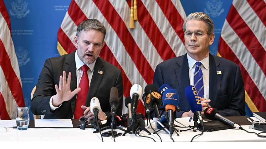 US Treasury Secretary Scott Bessent (R) and US Trade Representative Jamieson Greer hold a news conference in Geneva on May 12, 2025, to give details of “substantial progress” following a two-day closed-door meeting between US and China top officials aimed at ending a devastating tariff war. (Photo by Fabrice COFFRINI / AFP) (Photo by FABRICE COFFRINI/AFP via Getty Images)