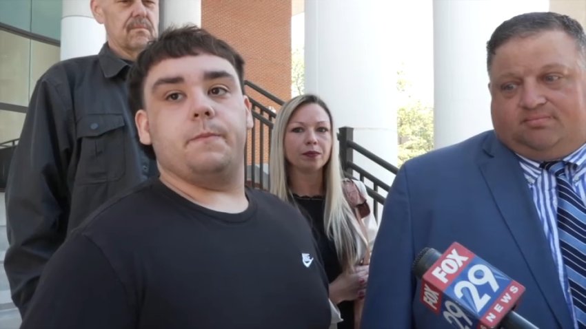 The man charged with arson following a wildfire in Ocean County, New Jersey, Joseph Kling, 19, speaks to reporters outside a courthouse on Monday, May 19, 2025.