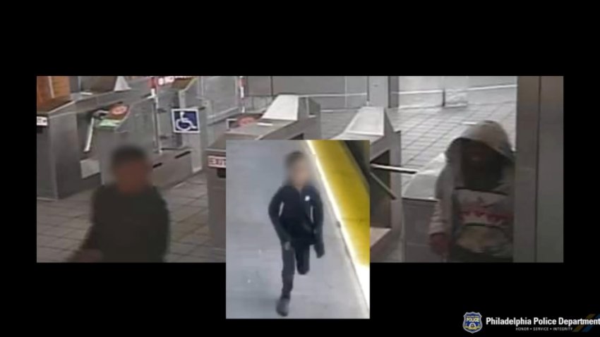 Surveillance photo of the three suspects in an attack on a woman in Philadelphia.
