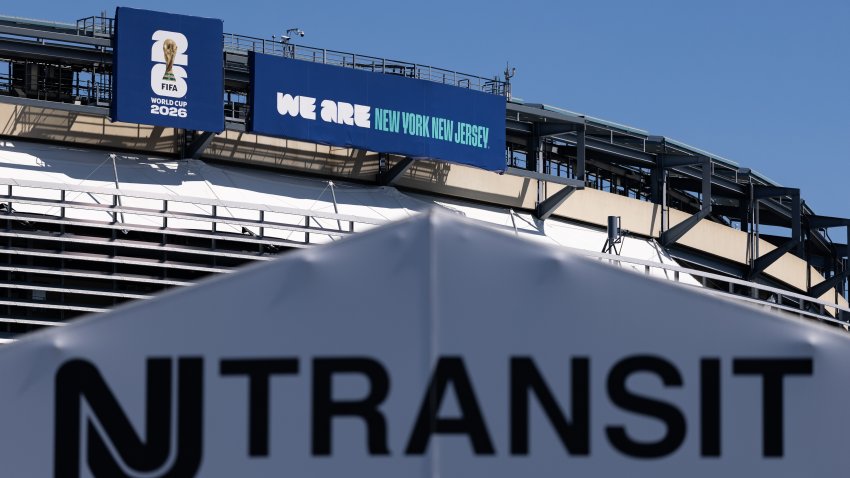 EAST RUTHERFORD, NEW JERSEY – MAY 01: New Jersey Transit branding in front of MetLife Stadium ahead of the 2026 World Cup at New York New Jersey Stadium on May 01, 2026 in East Rutherford, New Jersey.
